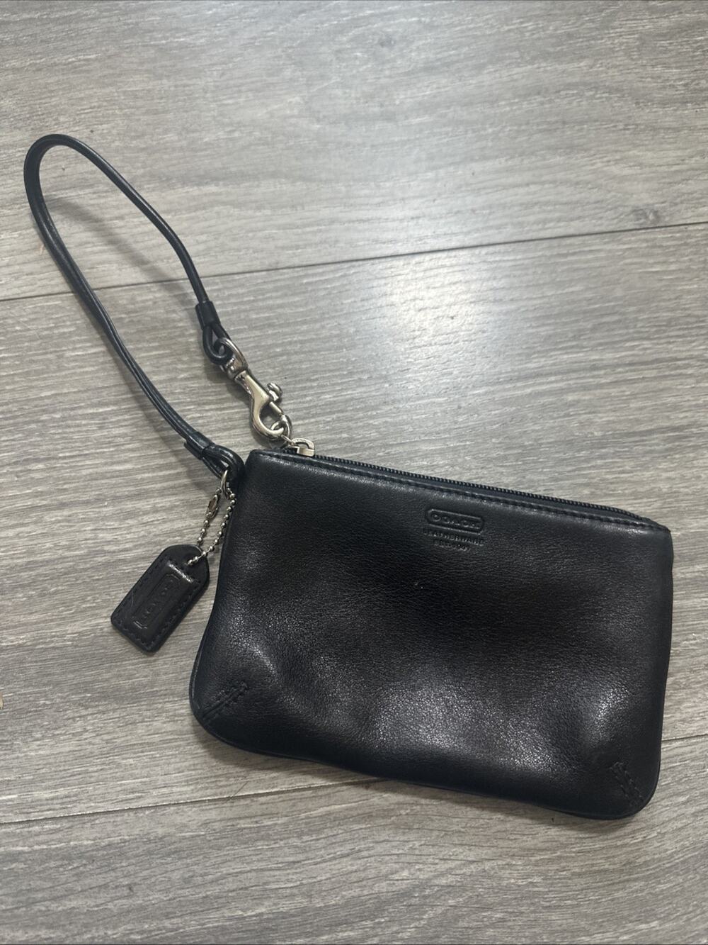 Coach Wristlet handbag Mini Black Leather Logo Charm Zip Signature Lined Pouch